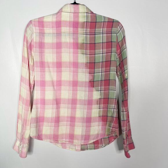 James Perse Womens 1 Small S Pink Bleached Plaid Button Up Shirt Cotton Linen - Picture 2 of 12